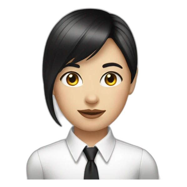 white female bangs black straight hair white shirt black tie sticker