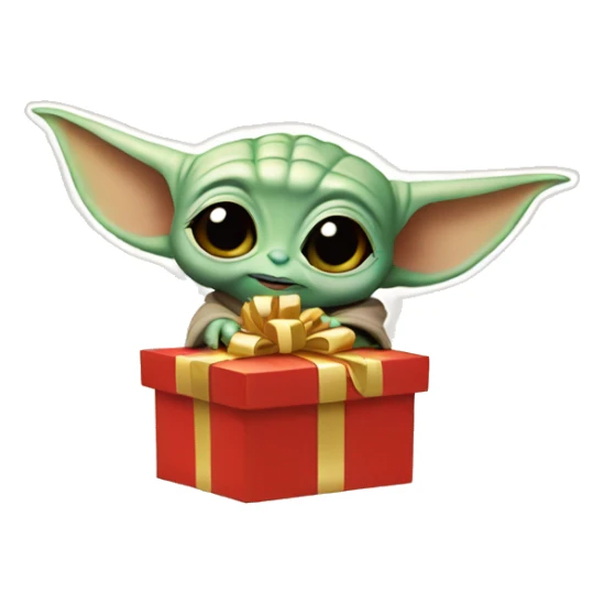 Baby Yoda holds gift box sticker