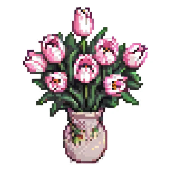 light pink tulip bouquet, pixel art sticker