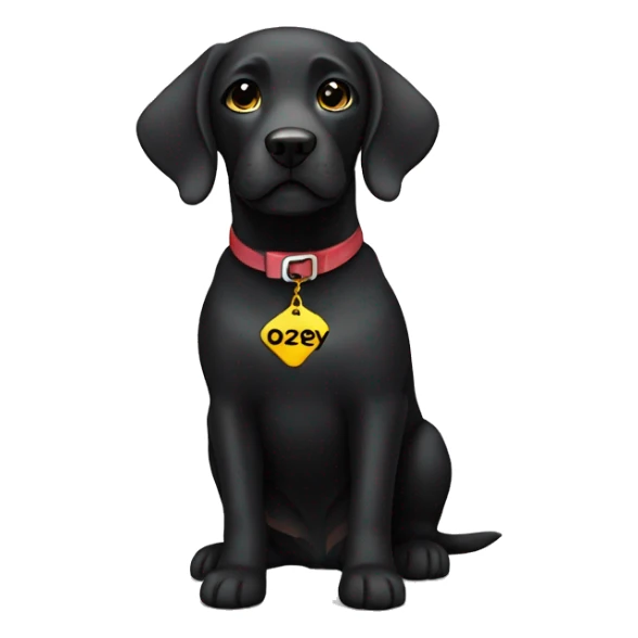 Black Labrador dog with the name "zoey" on the chest sticker