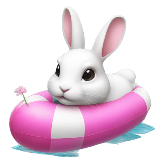 white rabbit wearing a swimming float, pink flower in her ear sticker