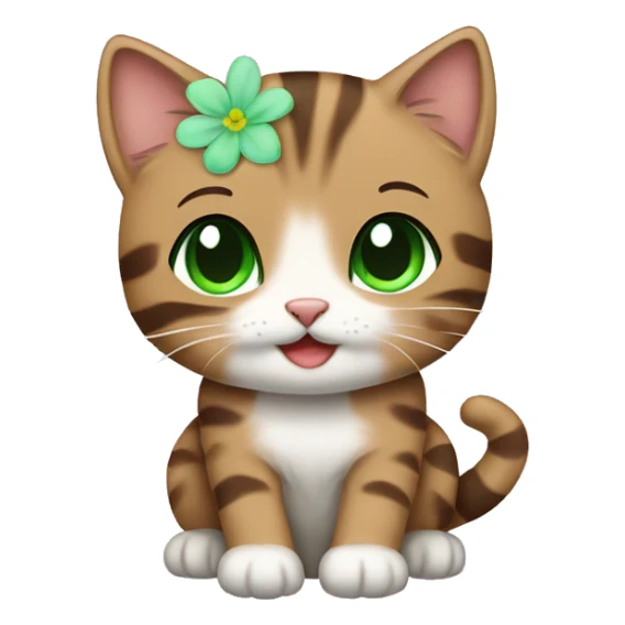kawaii brown tabby kitten with green eyes and pastel green flower sticker