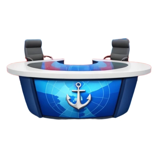 Professional news TV studio interior, modern anchor desk in center, large curved LED screen wall behind presenter, abstract global map graphics, blue dominant colors with red accents, symmetrical composition, broadcast-quality lighting, realistic 3D studio render sticker