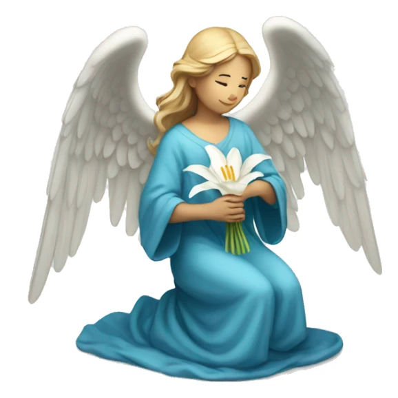Angel in blue robe kneeling holding white lily sticker