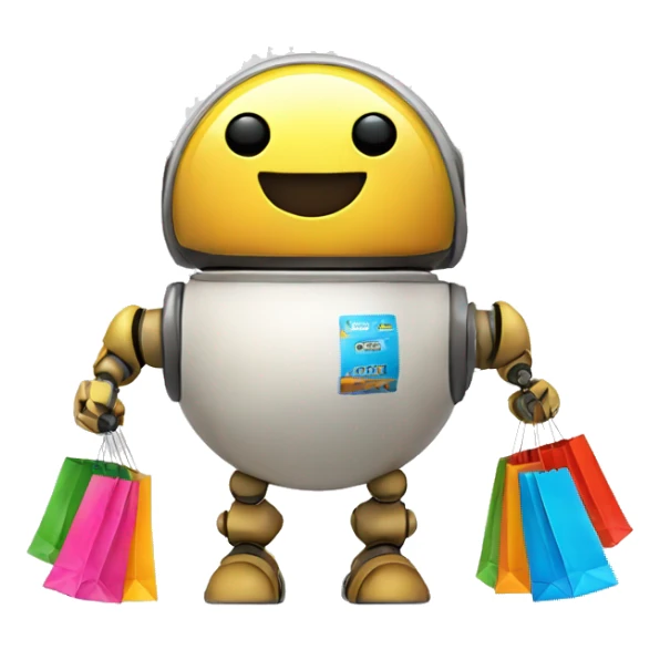 cute sphere shaped happy robot with shopping bags sticker