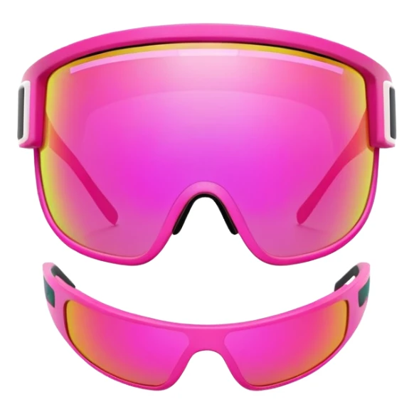 sporty neon pink shield visor sunglasses with thick frame and integrated strap, extremely robust design, substantial build, one-piece mirrored lens sticker