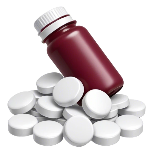 Burgundy pill bottle top with white pills inside sticker