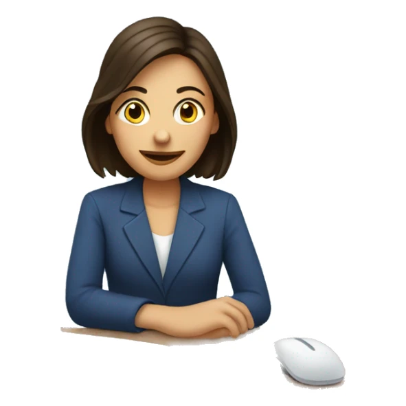 brunette sitting at laptop against blue circle background sticker