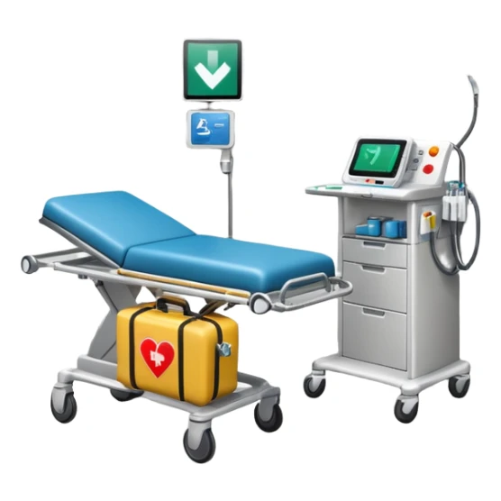 An emergency room corner with defibrillator, monitors, and crash cart.
 sticker
