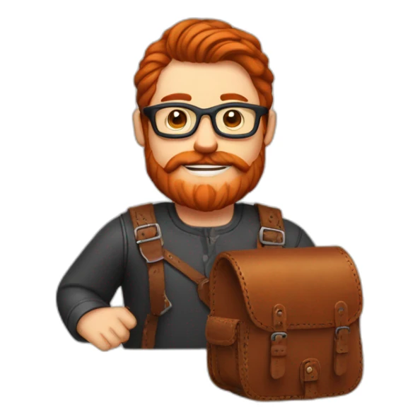 Red smooth haired man with beard and glasses hand sewing a leather saddle sticker