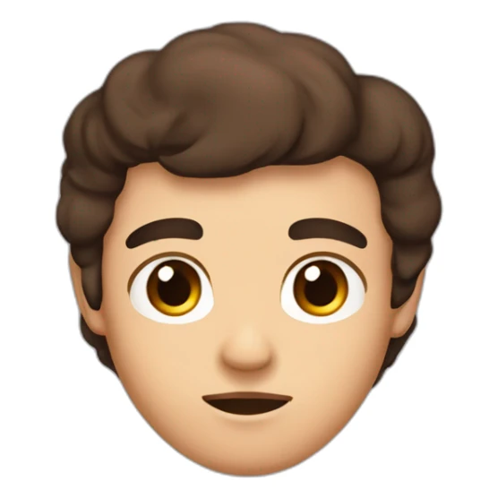 more square head, serios shut mouth, dense eyebrows, serious tired brown dark eyes,  wavy borwn dark hair that goes intil the ears lenght,  sticker