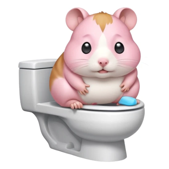 Cute chubby cartoon-style hamster sitting on toilet pooping looking as if he had an accident sticker