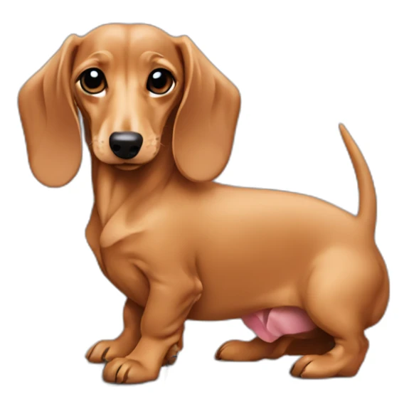 A fawn colored dachshund behind a laptop sticker