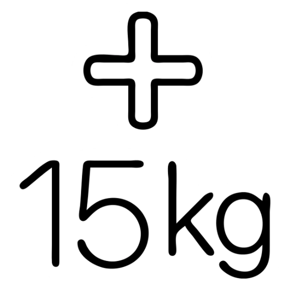 icon representing '+de 15 kilogramos', bold plus sign and number 15kg, clear and modern, minimal outline style sticker