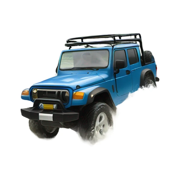 A four-wheel without too much details drive crossing a shallow river in a rainforest, with trees in the background and splashing water, representing versatility and strength. sticker