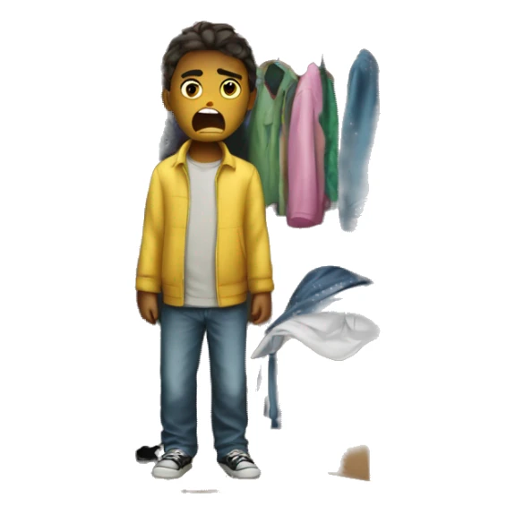 the child is angry and there is a closet with clothes next to him sticker