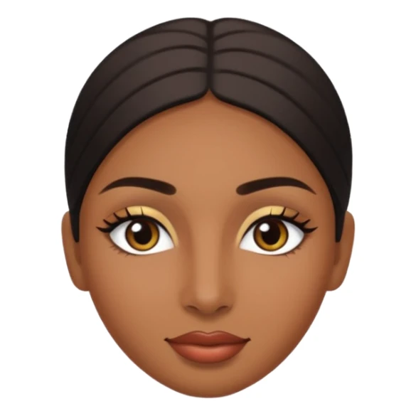 Dark olive skin, center rised eyebrows, very light smile so that lips are very close to liner and horizontal, some how liner eyes sticker