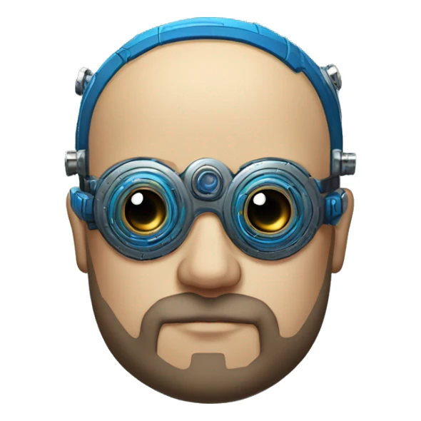 Bearded Fat bald cyborg head with tan skin, blue steampunk goggles and circuits sticker