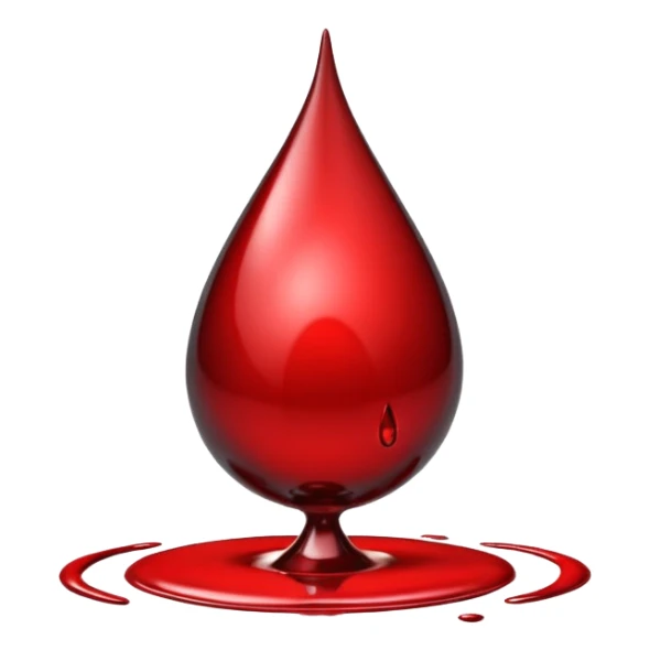 single blood drop emoji sculpted from dark liquid metal, glossy surface, dramatic reflections, futuristic minimal 3D style, isolated on white sticker