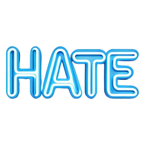 Blue neon sign with the word hate sticker