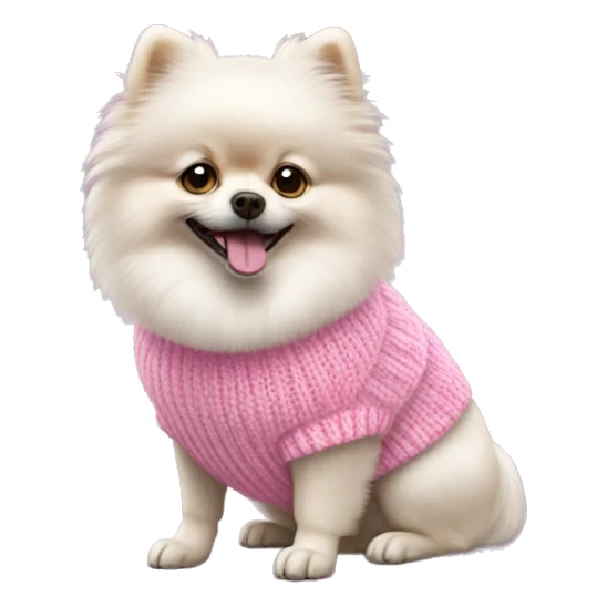 a white Pomeranian dog in a pink knitted sweater sticker
