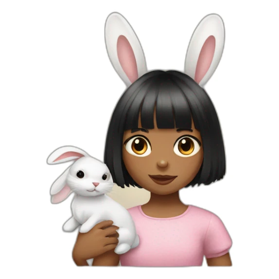 Little girl with black bangs holding rabbit sticker