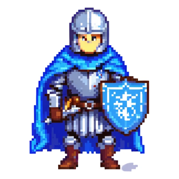 pixel art knight with blue cape, holding a gray iron sword and a blue iron shield sticker
