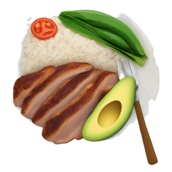 Plate of rice beans pork chop and avocado sticker