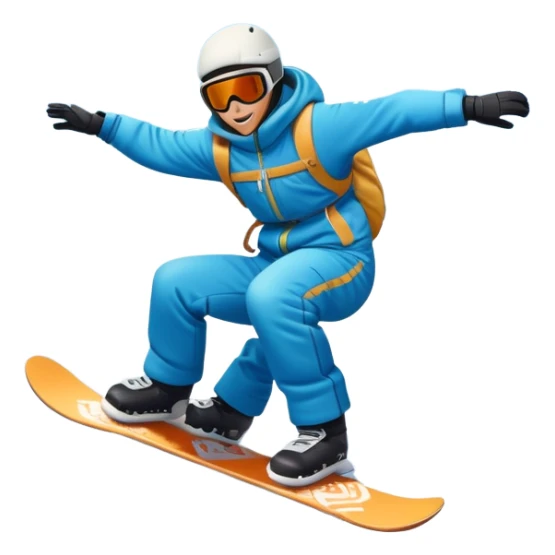 An icon featuring a snowboarder mid-jump, performing a stylish trick above a snowy mountain slope. The background showcases powdery snow, evergreen trees, and a bright blue sky. Transparent background captures the energy, skill, and thrill of snowboarding. sticker
