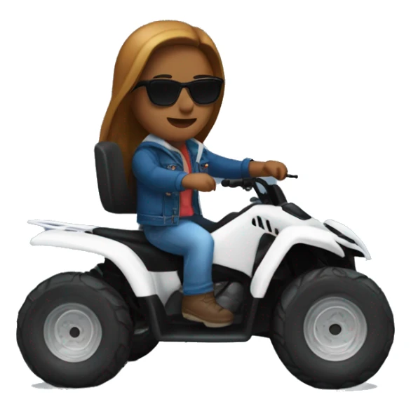 quad bike white with developer with blue jeans, bred jacket and sunglasses riding, with brown and long hair sticker