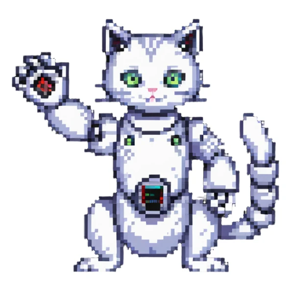 pixel art cat with a robotic arm, retro gaming vibe sticker