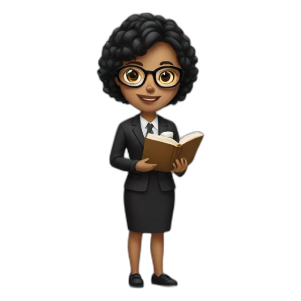 a girl in a black suit and glasses holding a book. sticker