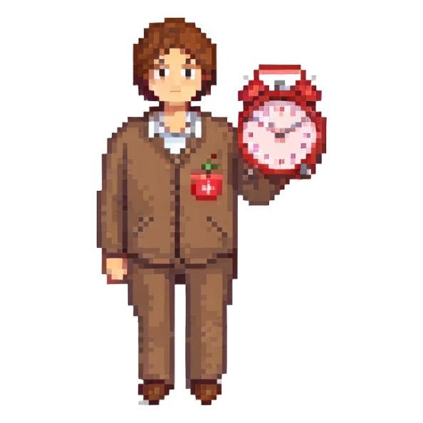 A man with brown hair holding a red alarm clock sticker