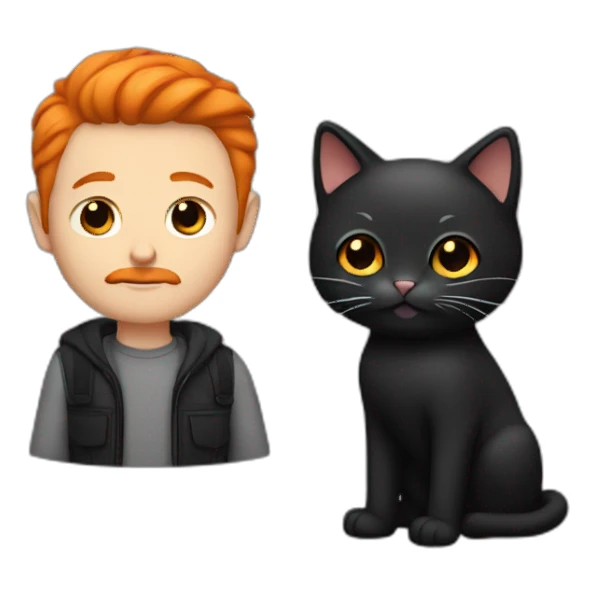 a white guy with orange hair and mustache holding a black haired cat sticker