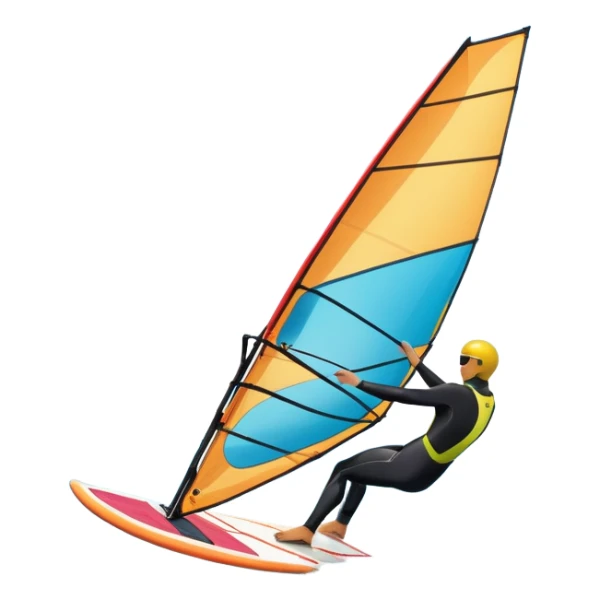 A windsurfer gliding across the ocean, with a vibrant sail catching the wind. The scene captures the motion of the board riding the ocean waves, surrounded by the bright blue sky and ocean, symbolizing the excitement and skill required in the sport of windsurfing. sticker