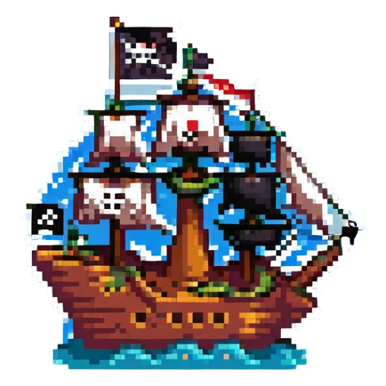 pixel art pirate ship with sails and Jolly Roger flag sticker