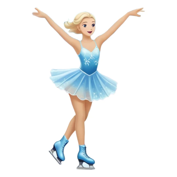 An icon featuring a shimmering rink, colorful spotlights, snowflakes gently falling from the sky, and an audience in the stands, with a snowy landscape visible through large windows with a graceful figure skater performing a spin on a sparkling ice rink. Transparent background. sticker