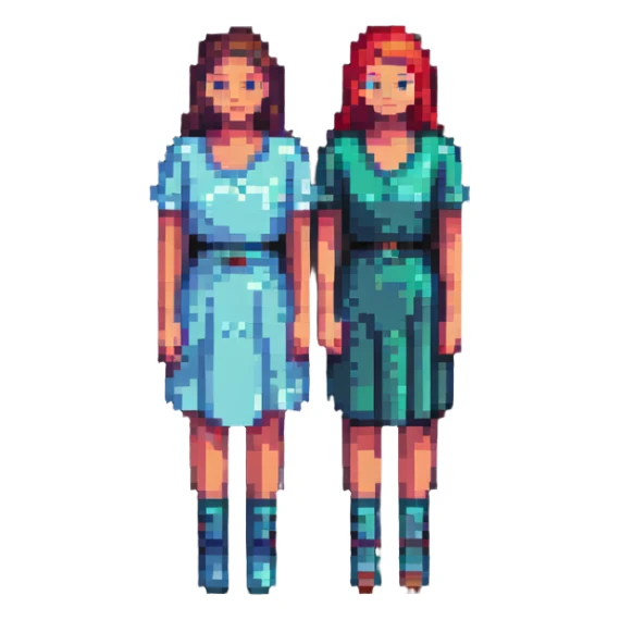 two women standing together, 8-bit style sticker