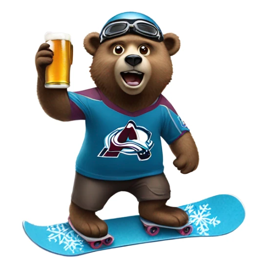 snowboard bear wearing helmet and goggles, colorado avalanche jersey doing insane tricks while holding a beer sticker