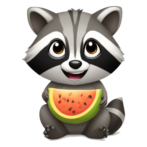 Raccoon eating fruit with a smile sticker