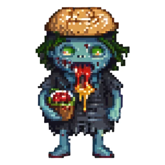a zombie eating a hamburger dripping ketchup, pixel art style, retro, simple sticker