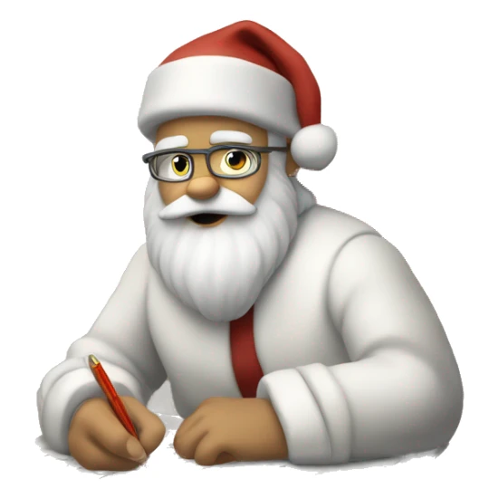 White Santa Claus is sitting on a desk, writing something down on a sheet of paper, solving complicated math puzzles sticker
