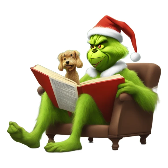 The grinch riding a poodle in the library while reading a comic book sticker