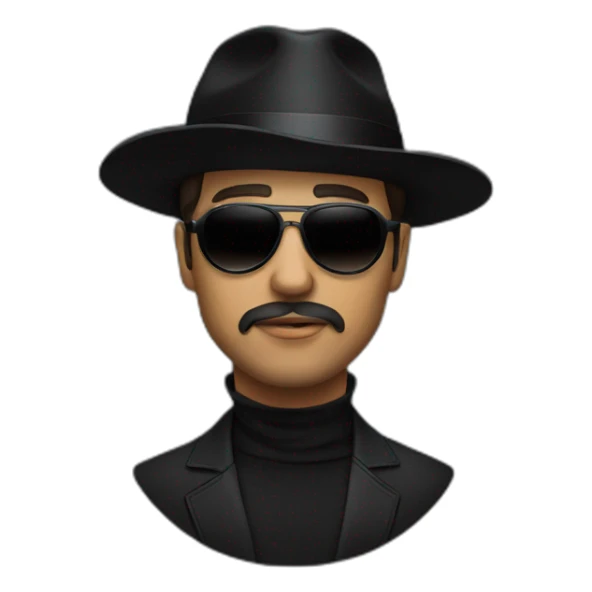 A man in a black hat, black round sunglasses and a black mask sticker