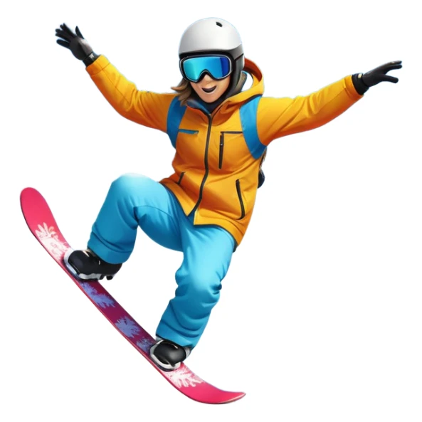 An icon featuring a snowboarder mid-jump, performing a stylish trick above a snowy mountain slope. The background showcases powdery snow, evergreen trees, and a bright blue sky. Transparent background captures the energy, skill, and thrill of snowboarding. sticker