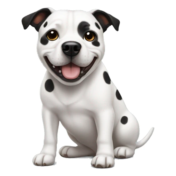 staffy dog with black ears, white face and has spots on his mane. it has its tongue poking out and is enjoying life  sticker