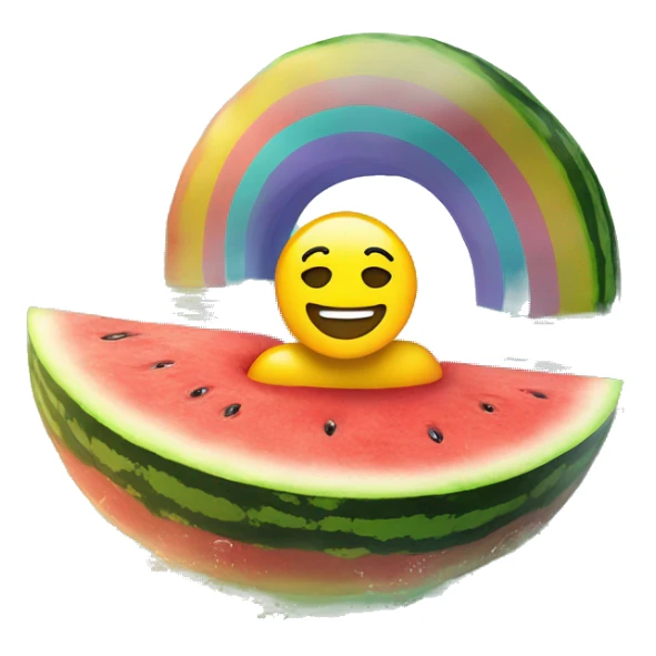 Create an emoji of a man swimming in a lake, floating on a watermelon, floaty, with a rainbow background with sunshine sticker