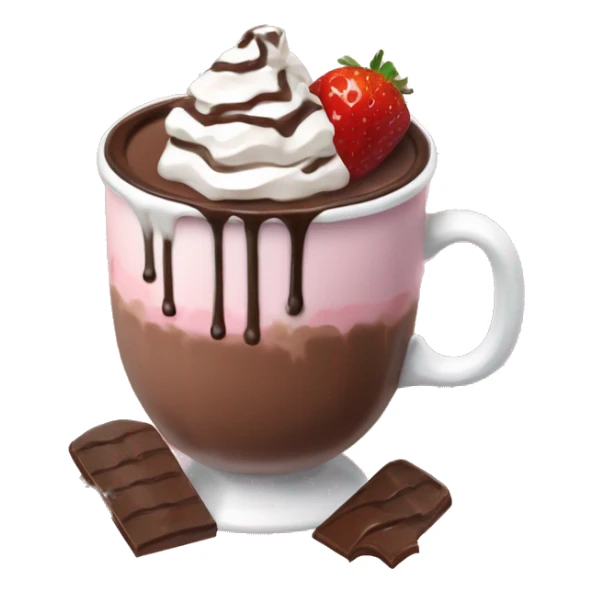 hot chocolate with mug and whip cream and chocolate drizzle and pale pink strawberry sticker