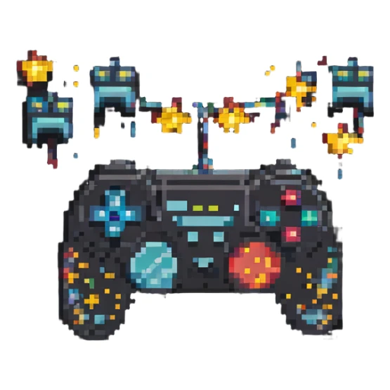 pixel art style banner with a retro game controller and stars sticker