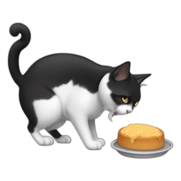 Black an white cat eating food sticker